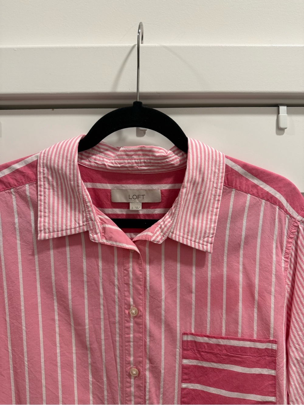 LOFT Pink and White Vertical-Strip Button Down Shirt - Picture 5 of 8